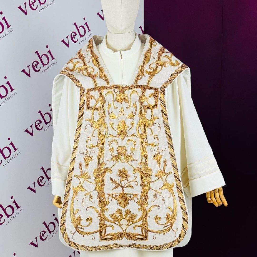 Pianeta Liturgica in Bianco e Oro con Simbolo IHS  (Colori Liturgici Disponibili)