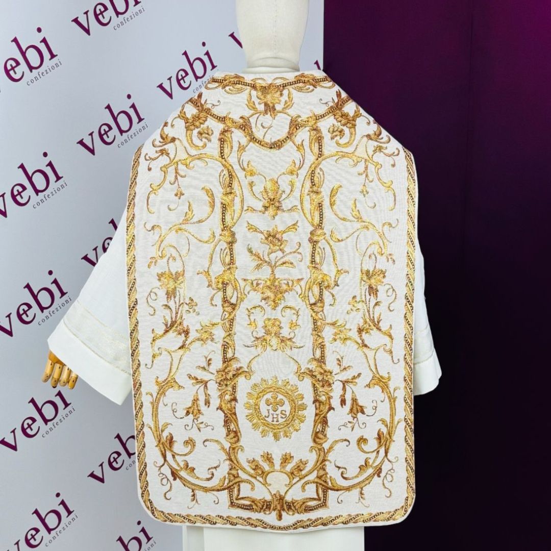 Pianeta Liturgica in Bianco e Oro con Simbolo IHS  (Colori Liturgici Disponibili)