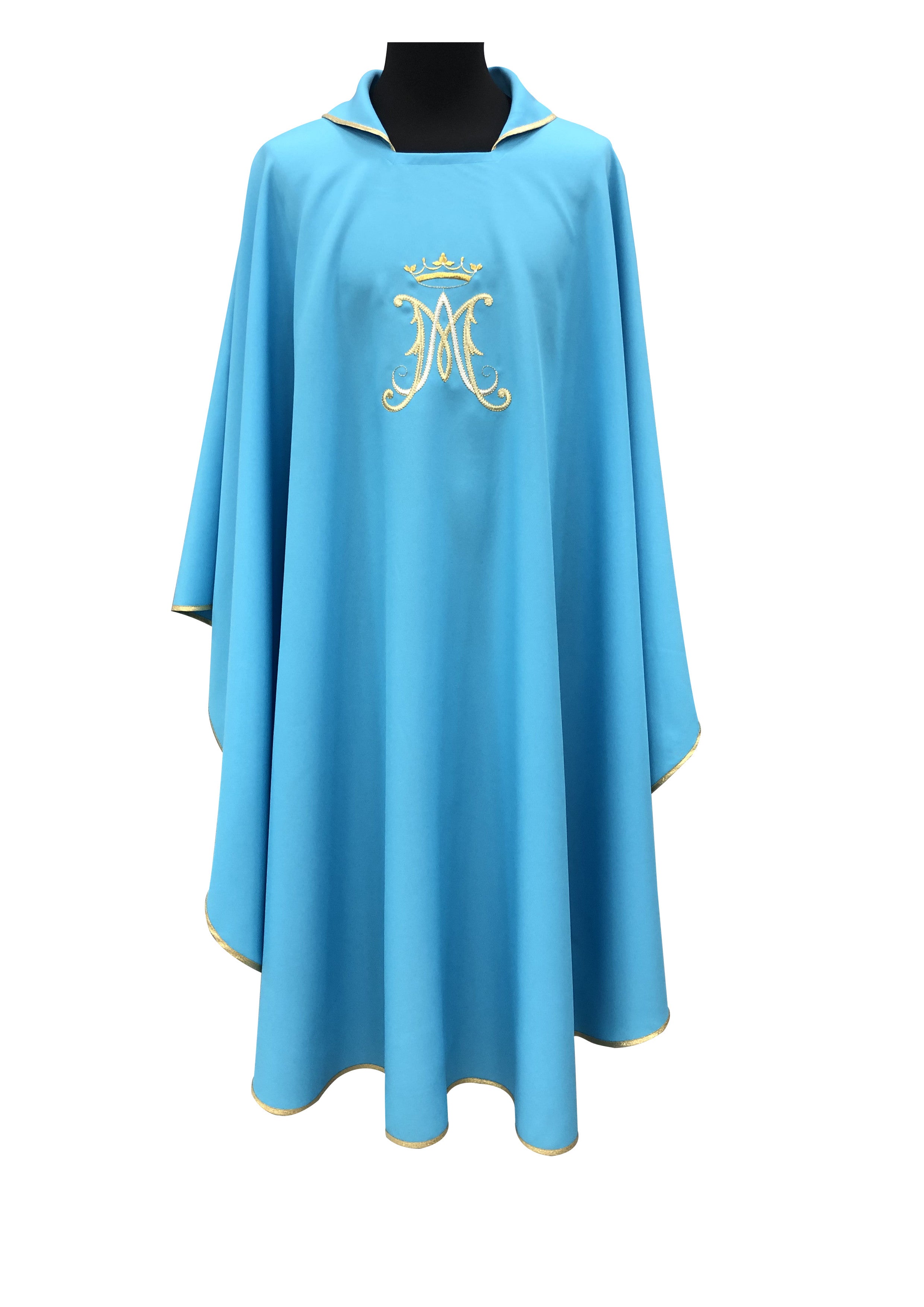 Casula Liturgica Mariana Bianca Monogramma Azzurro e Oro