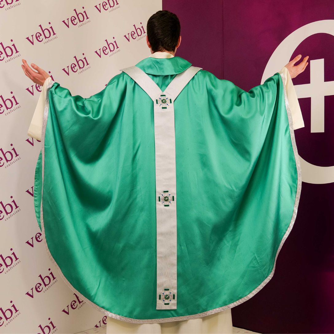 Casula 100% Seta Pallio con Swarovski (Colori liturgici, Rosa e Celeste Disponibili)