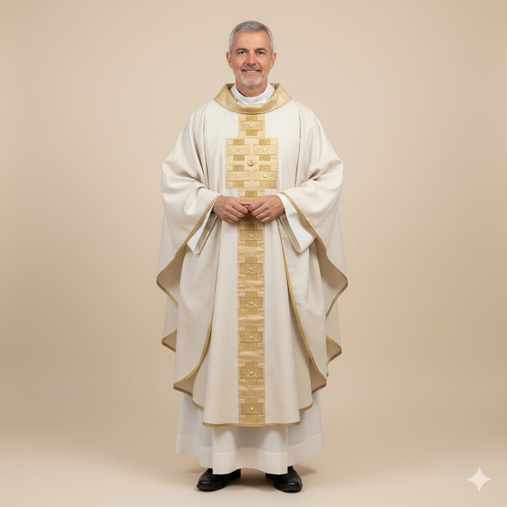 Casula in Lana Lino Seta con Croci in Passamaneria Oro