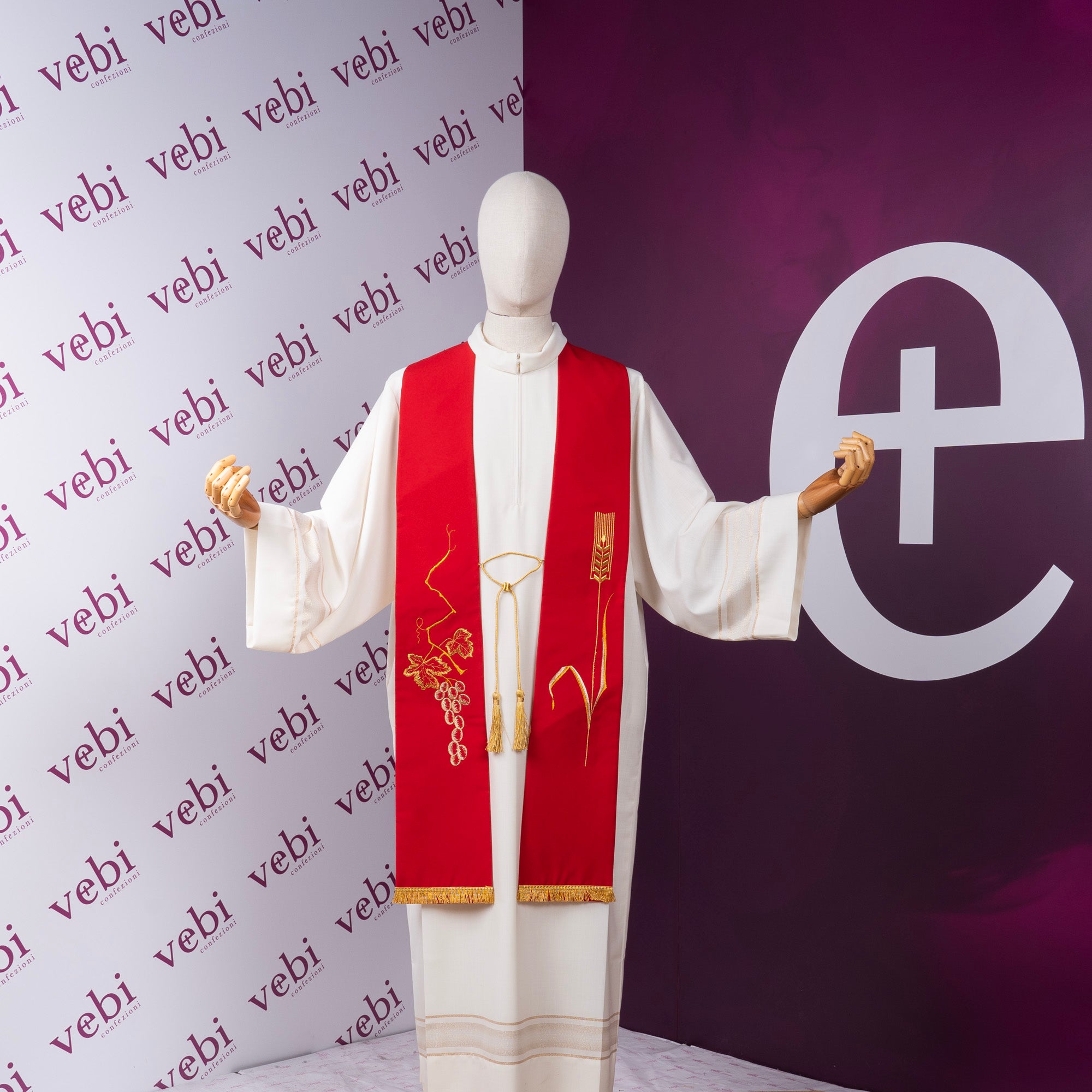 Stola per Sacerdote Ricamo Grano ed Uva in Poliestere con Frangia Oro (Disp. Colori)