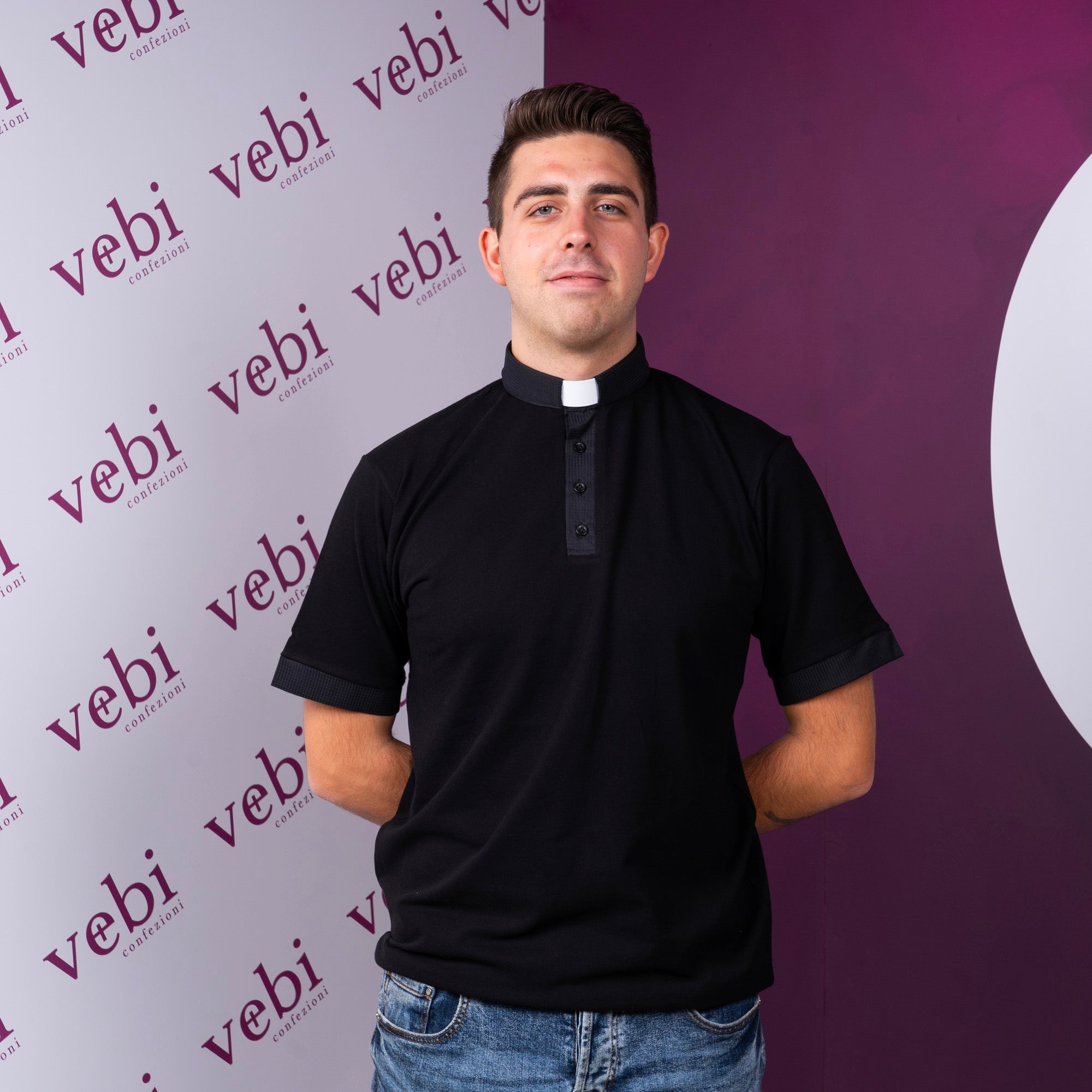 Polo da Prete Nera Collo Clergy in 100% Cotone Leggero, Manica e Collo in Piquet