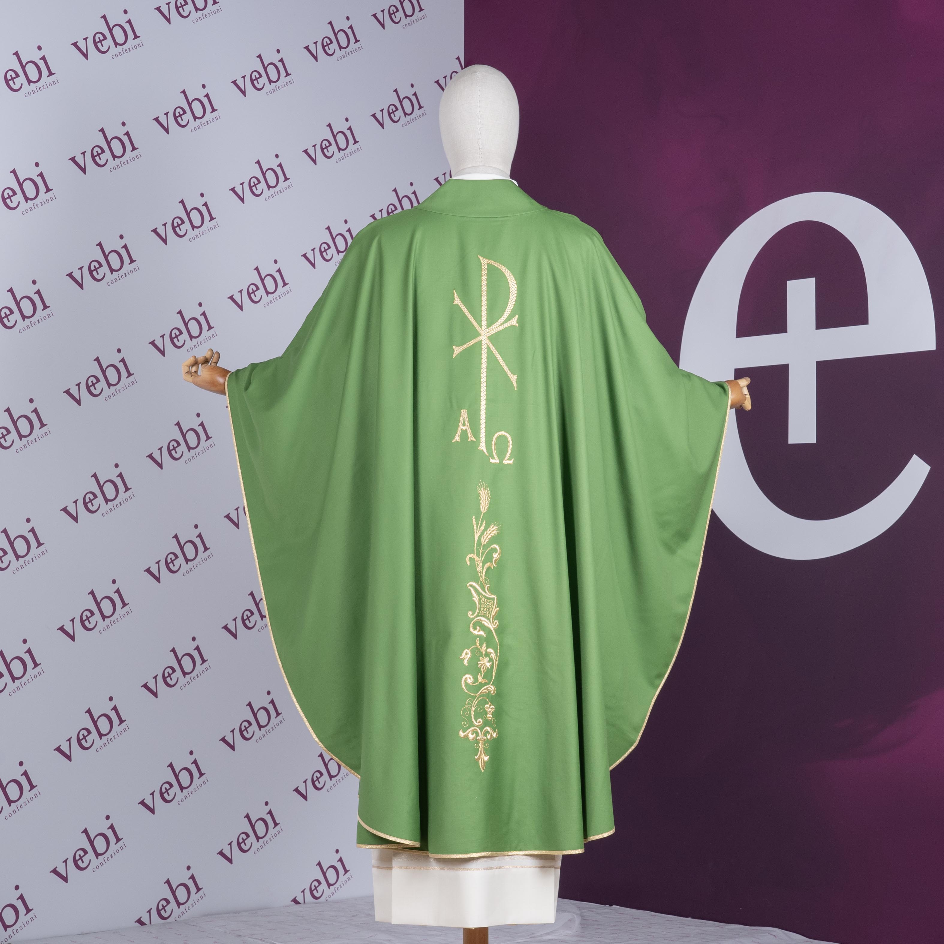 Casula Lana (o Misto) con Ricamo Oro Spiga, Alfa e Omega (Colori Liturgici Disponibili)