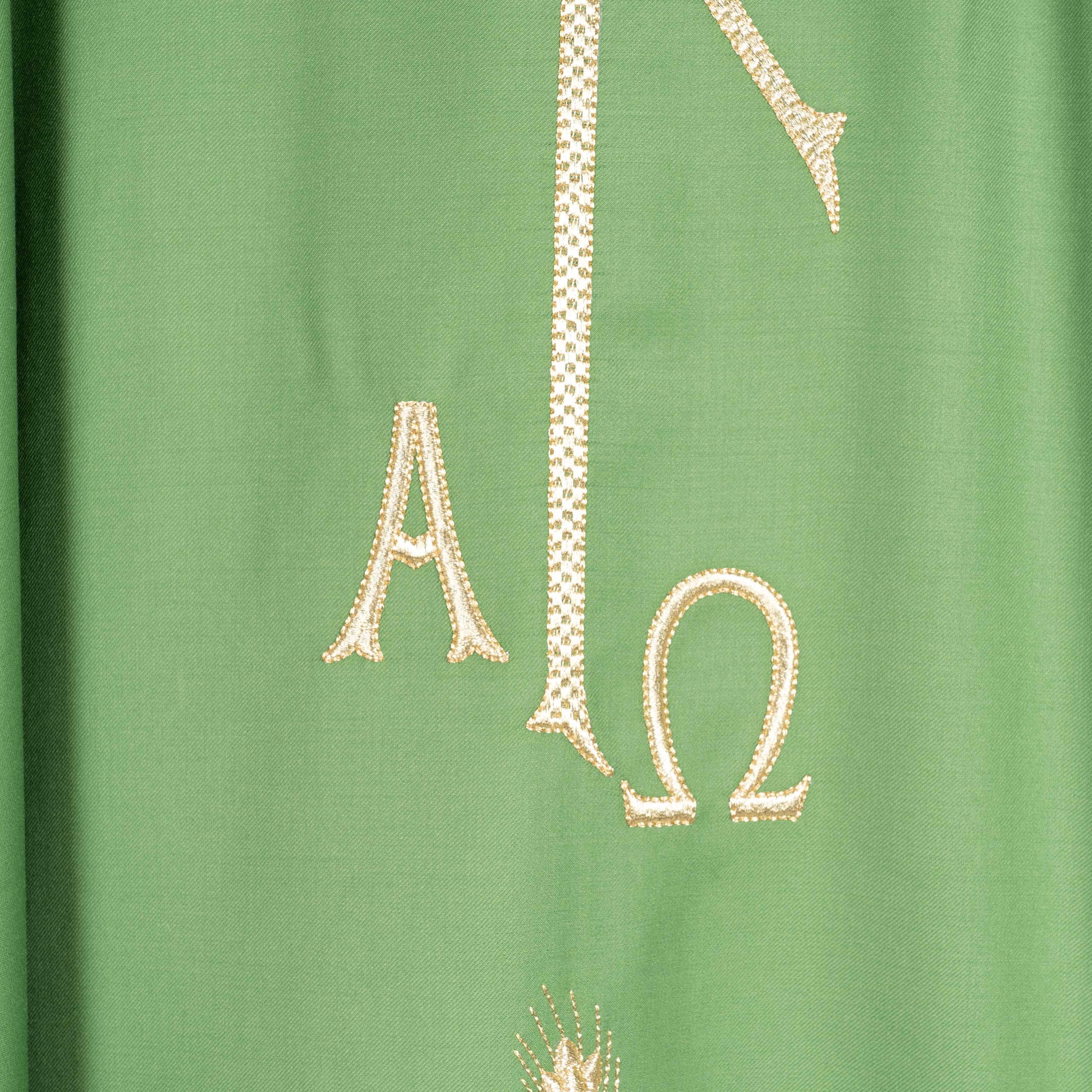 Casula Lana (o Misto) con Ricamo Oro Spiga, Alfa e Omega (Colori Liturgici Disponibili)