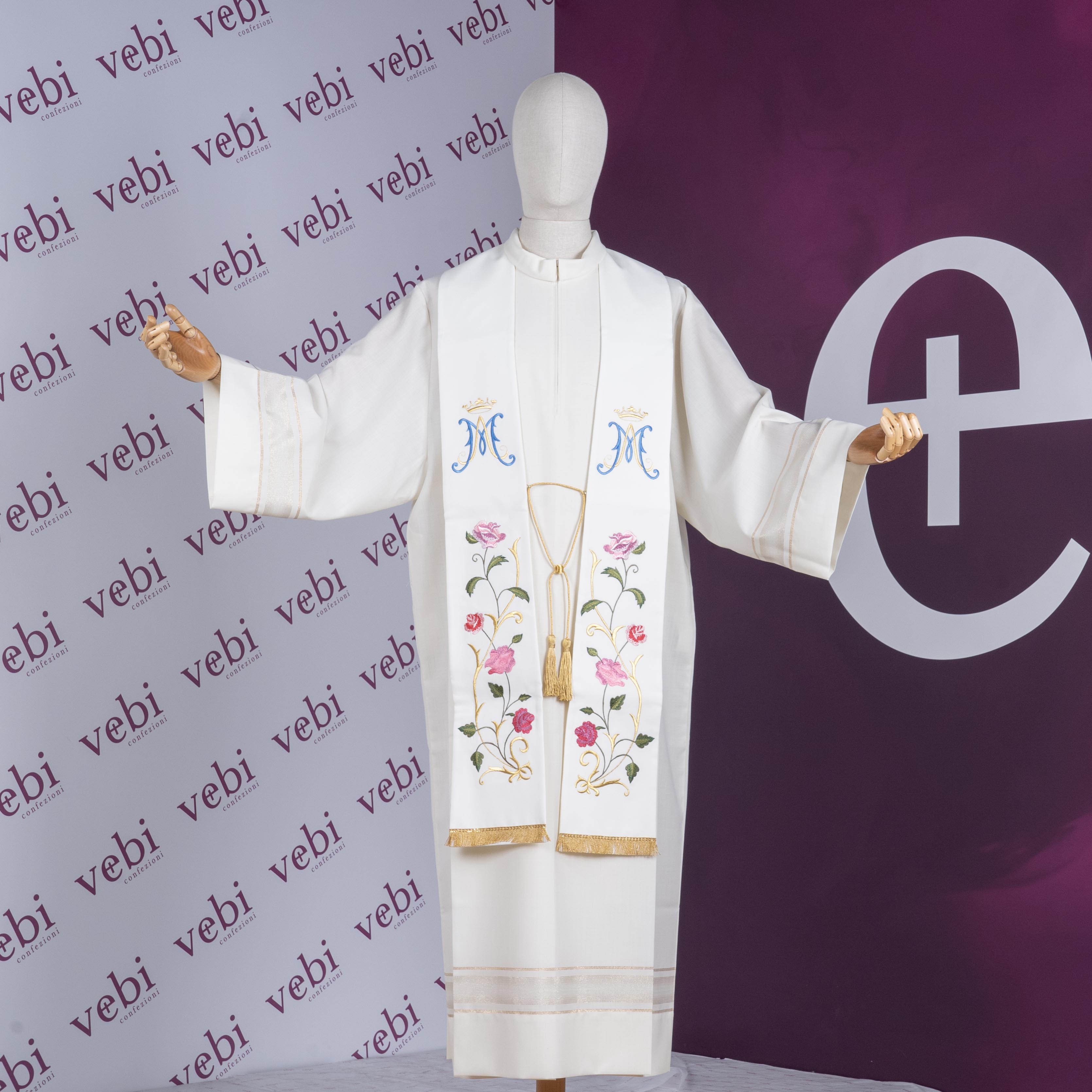 Stola per Sacerdote Bianca con Ricamo Monogramma Mariano e Rose