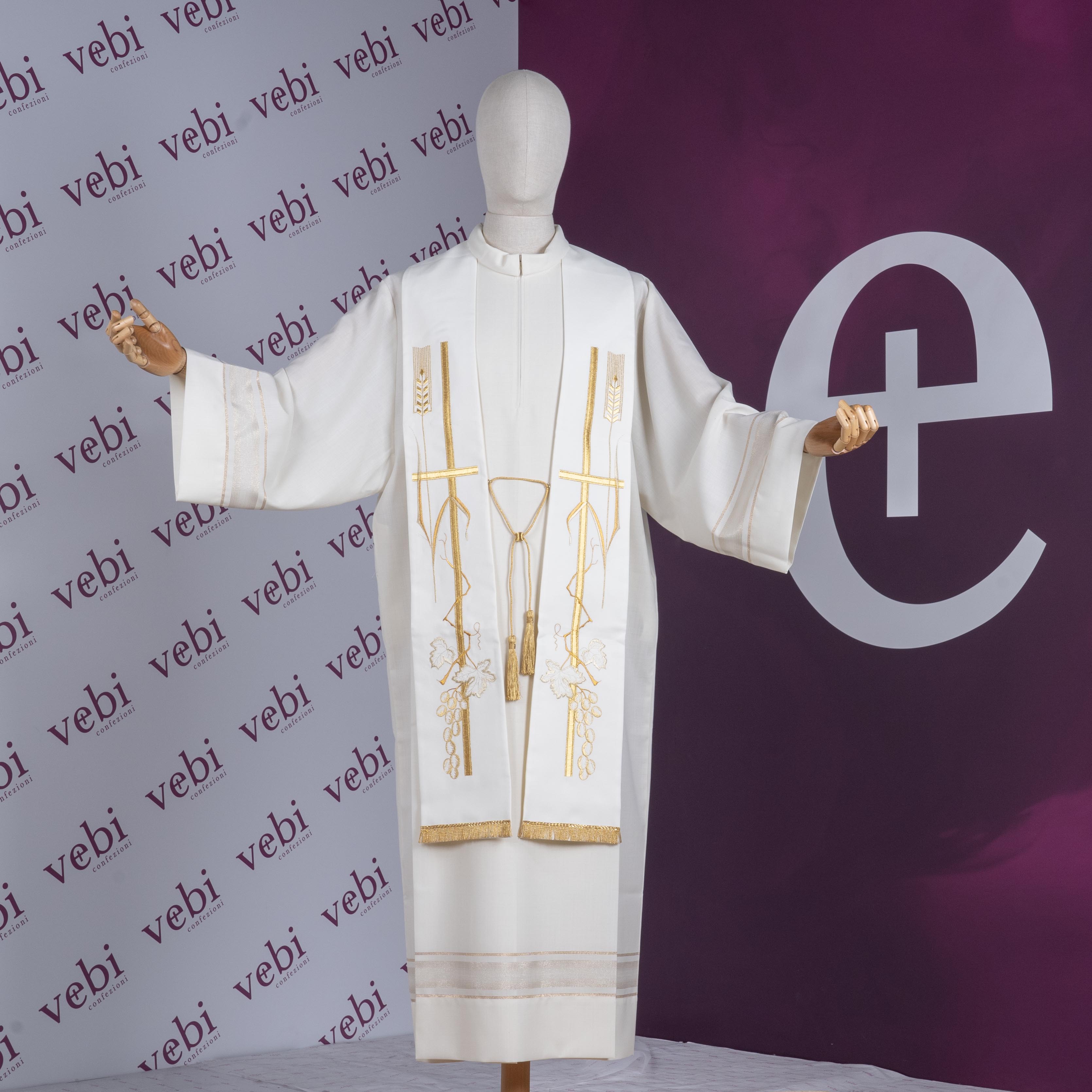 Stola per Sacerdote con Ricamo Croce, Spighe ed Uva Oro (Colori Liturgici Disponibili)