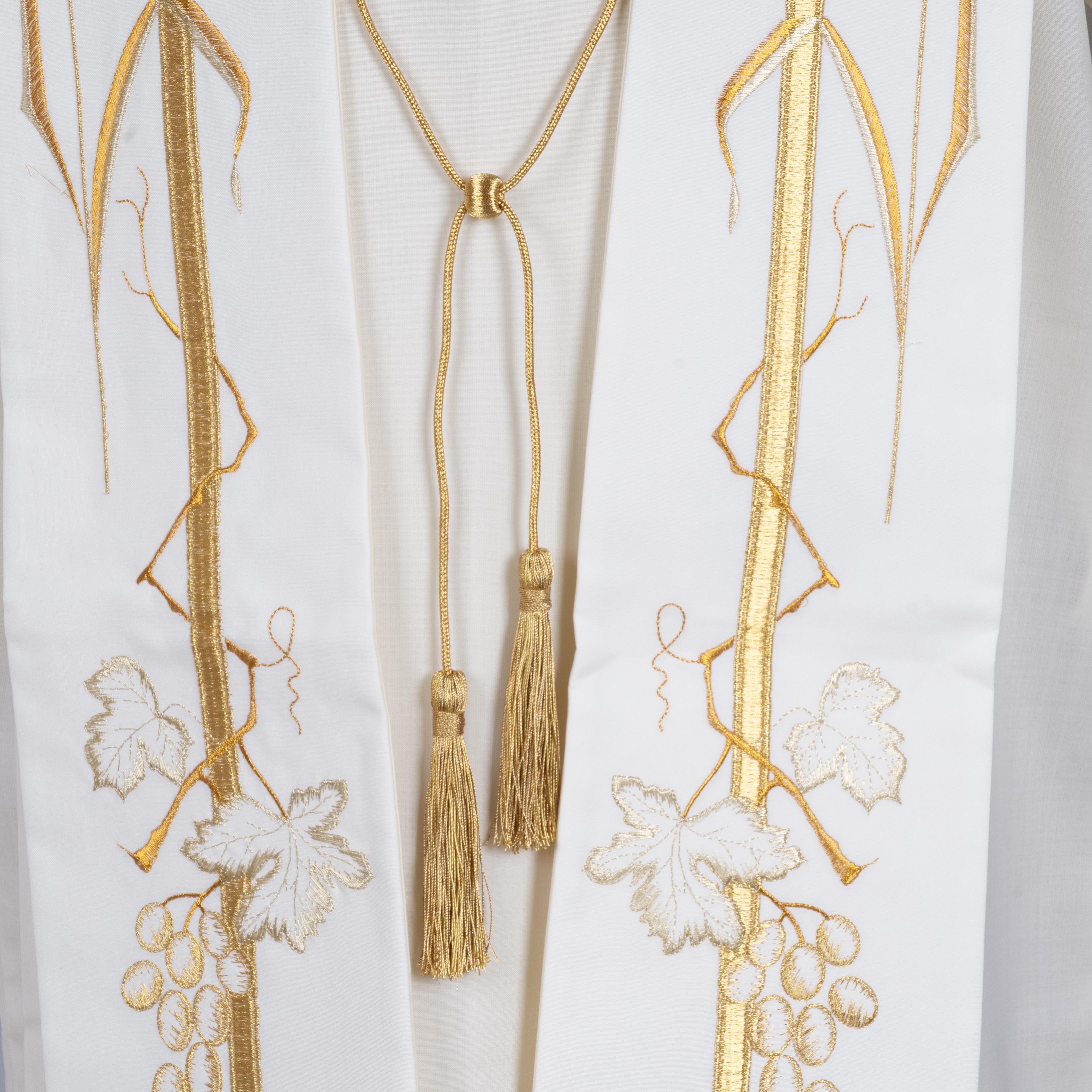 Stola per Sacerdote con Ricamo Croce, Spighe ed Uva Oro (Colori Liturgici Disponibili)