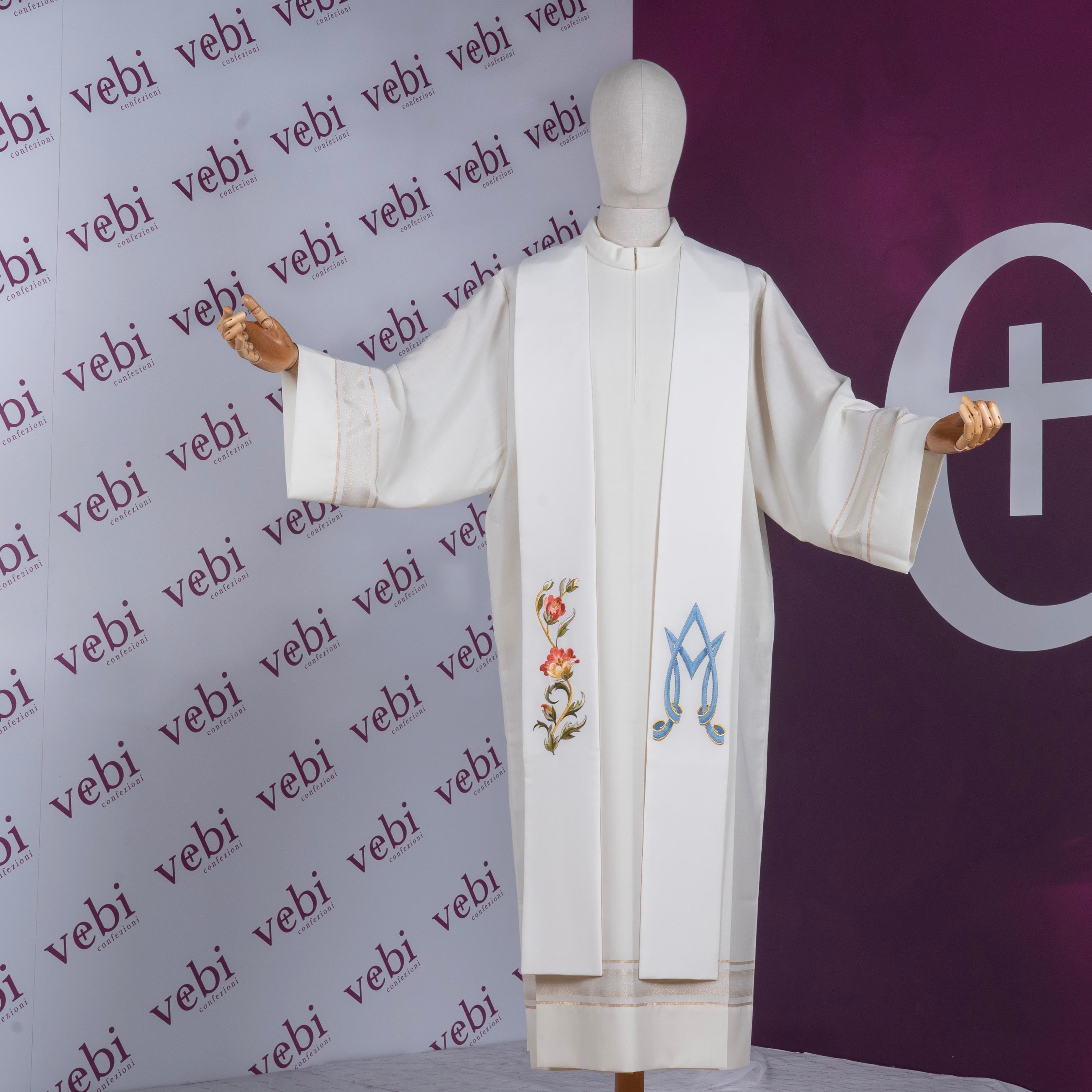 Stola per Sacerdote Bianca con Ricamo Monogramma Mariano e Rose