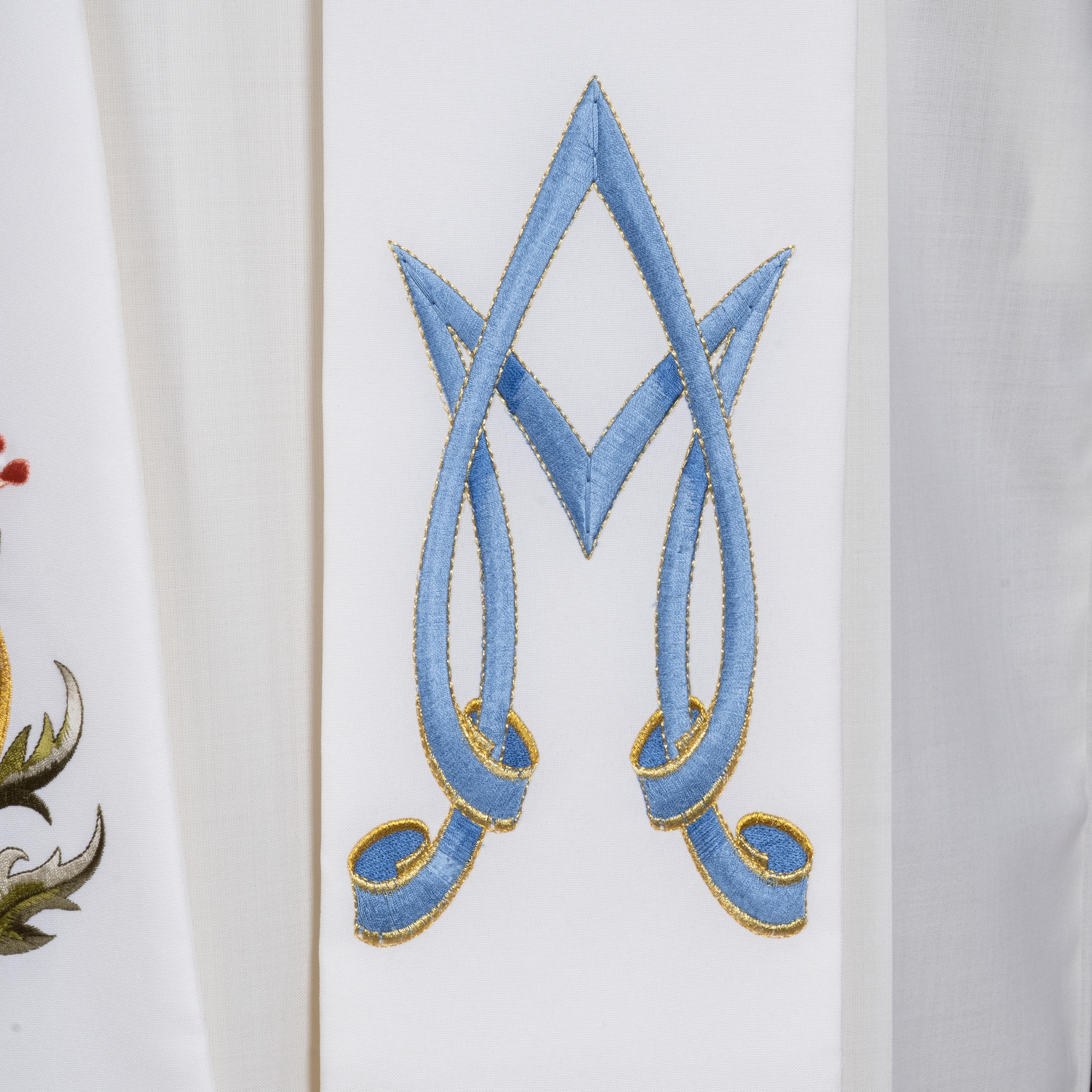 Stola per Sacerdote Bianca con Ricamo Monogramma Mariano e Rose