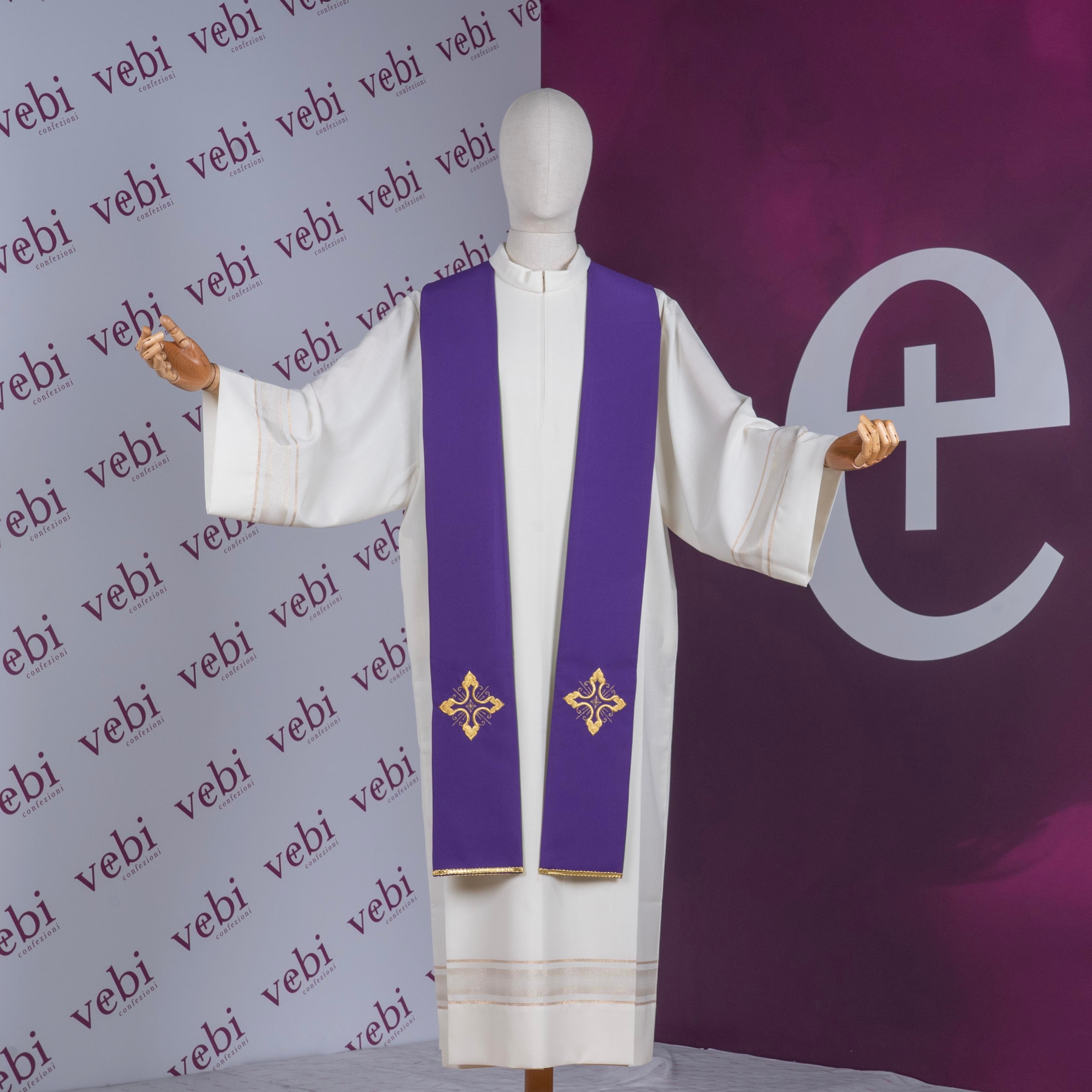 Stola per Sacerdote Ricamo Croce Rifinitura Oro Bicolore