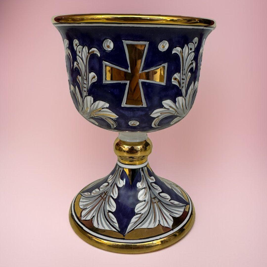 Completo Calice, Patena Ceramica Blu Dipinta a Mano Sconto Quantità