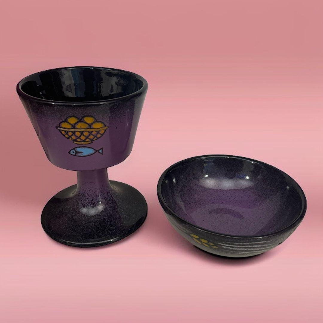 Completo Calice, Patena Ceramica Viola Dipinta a Mano Sconto Quantità