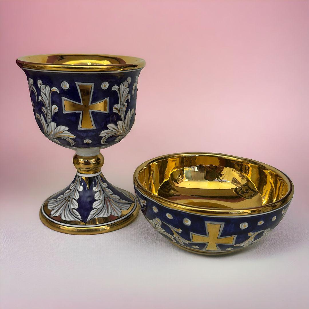 Completo Calice, Patena Ceramica Blu Dipinta a Mano Sconto Quantità