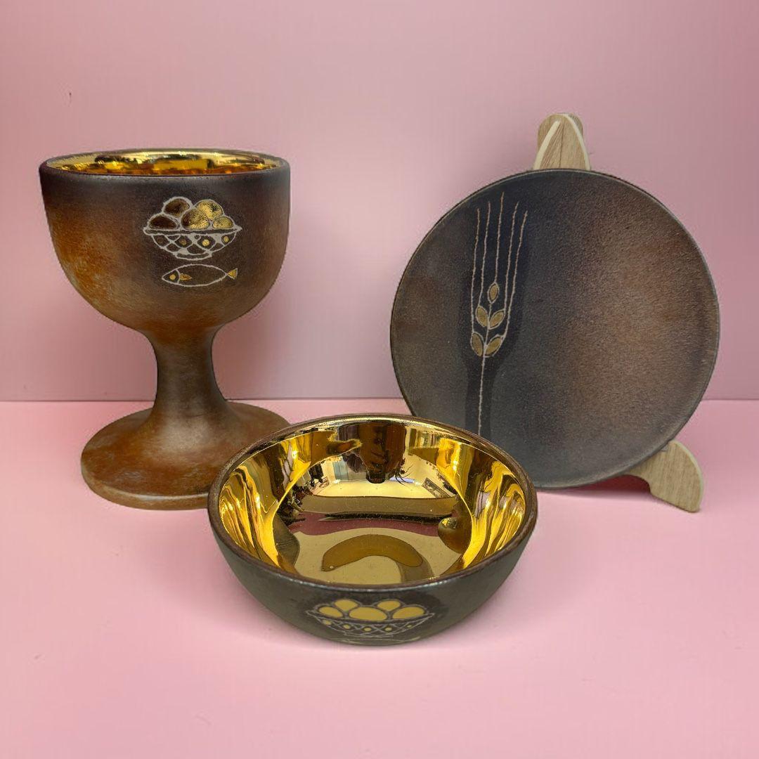 Completo Calice, Patena,Piattino Terracotta Sconto Quantità Decoro Pane e Pesci