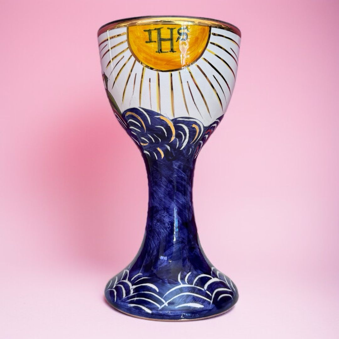 Calice in Ceramica Fatto e Dipinto a Mano IHS Coppa Oro