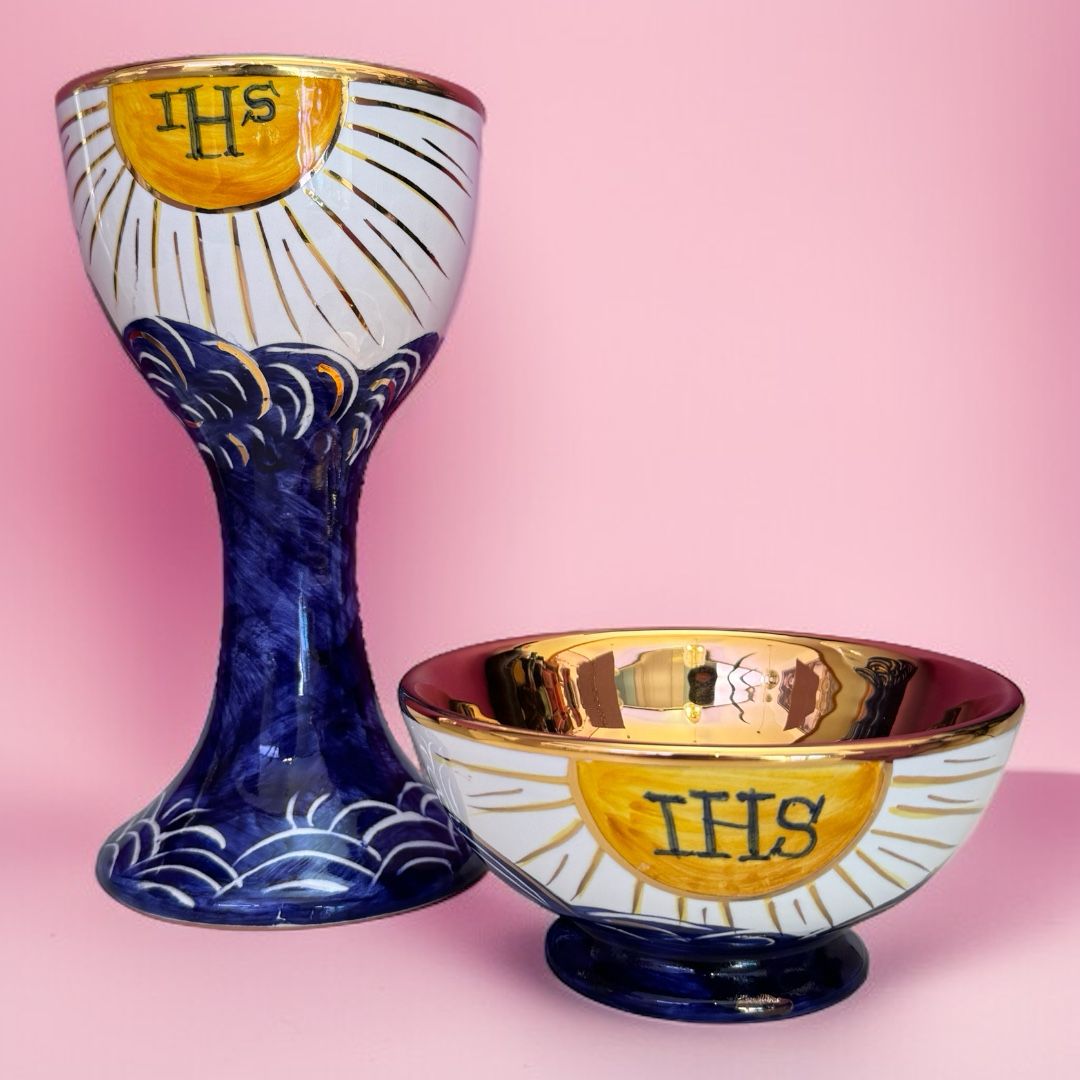 Calice e Patena in Ceramica  Dipinta a Mano Interno Oro