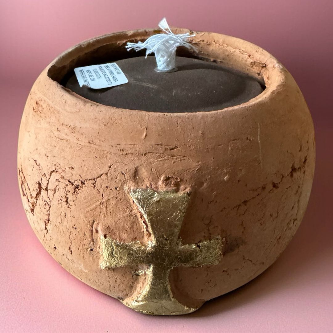 Lampada in Terracotta da Mensa Fatta a Mano con Croci Oro Dipinte a Mano