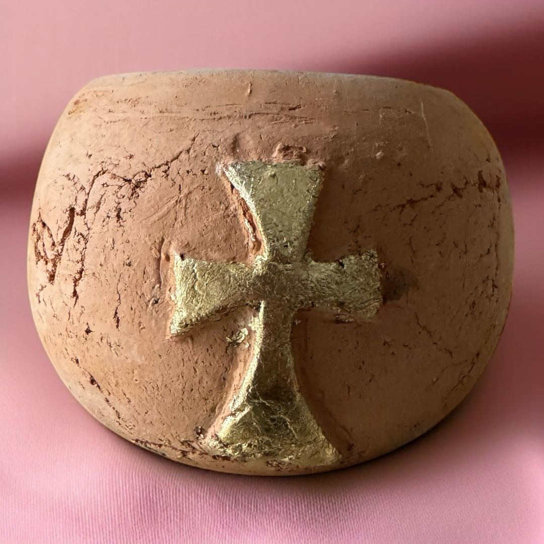 Lampada in Terracotta da Mensa Fatta a Mano con Croci Oro Dipinte a Mano