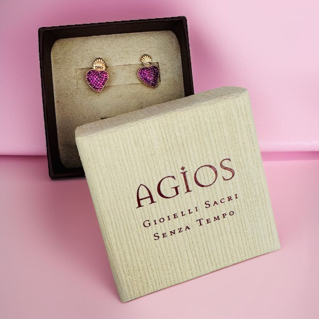 Orecchini in Argento Sacro Cuore con Zirconi Color Ciliegia