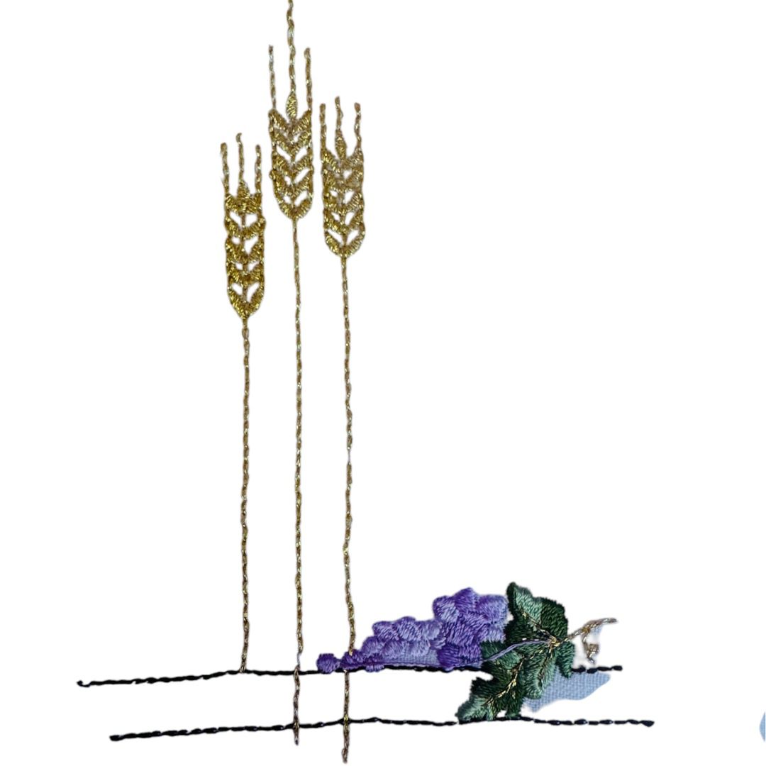 Servizio Messa in Puro Lino Ricamo Tre Spighe di Grano e Uva
