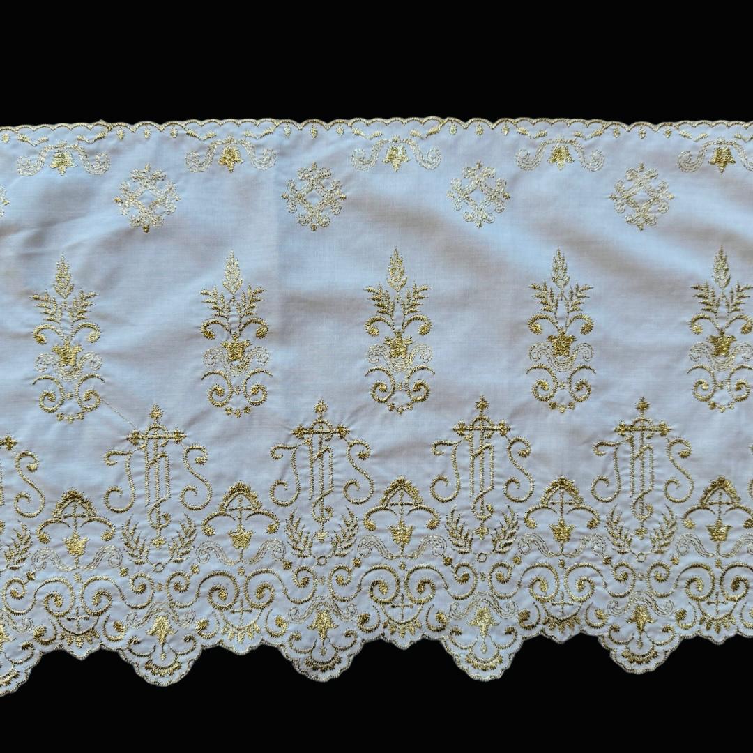 Balza per tovaglie altare con ricami oro IHS altezza 26 cm.