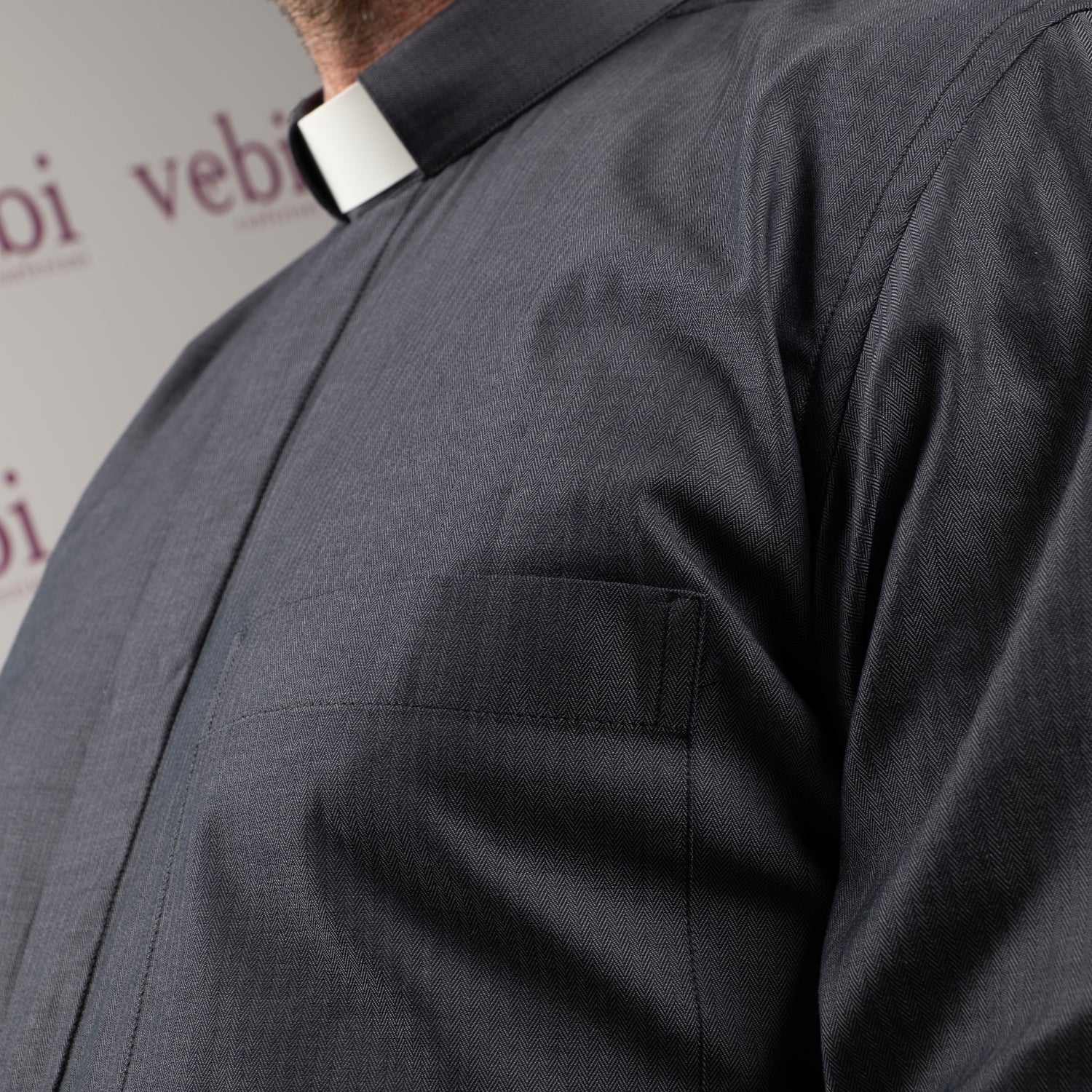 Camicia Sacerdotale Clergy Grigio Scuro Spigata Manica Lunga Puro Cotone
