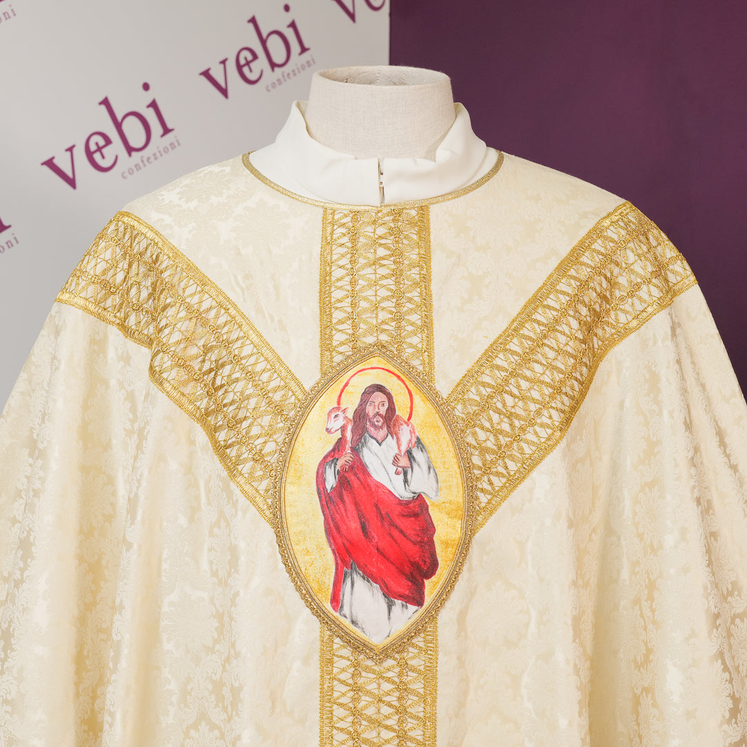 Casula Damasco di Seta con Ovale Buon Pastore Dipinto a Mano (Colori Liturgici Disponibili)