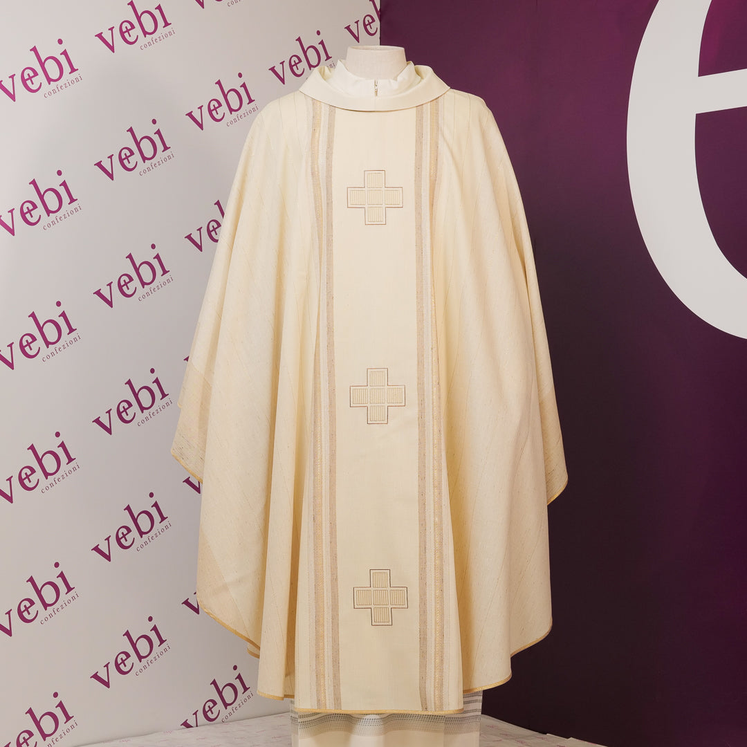 Casula Leggera Lana - Seta Rigata Ricamo 3 Croci (Colori Liturgici Disponibili)