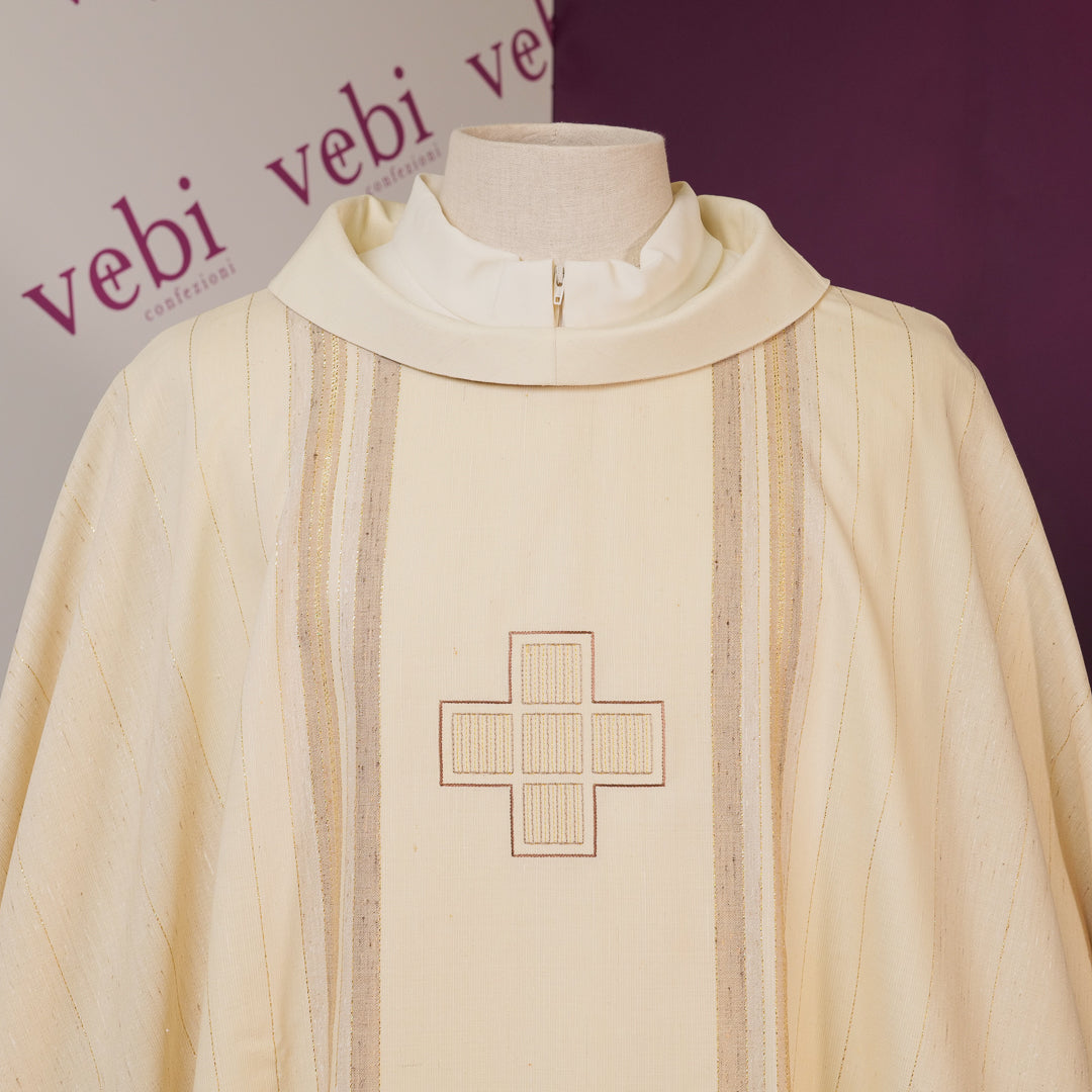 Casula Leggera Lana - Seta Rigata Ricamo 3 Croci (Colori Liturgici Disponibili)