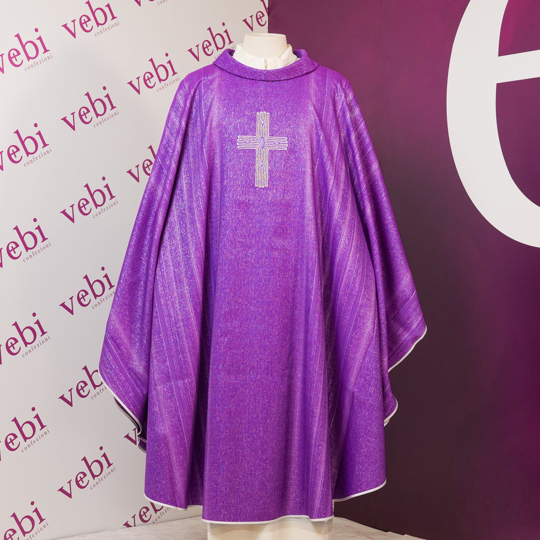 Casula Lana Seta e Lurex Rigata con Ricamo Croce (Colori Liturgici Disponibili)
