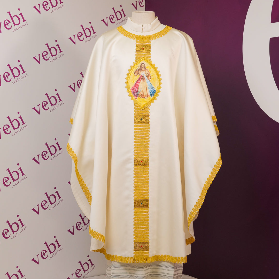 Casula Raso Misto Seta con Gesù Misericordioso Dipinto a Mano (Colori Liturgici Disponibili)