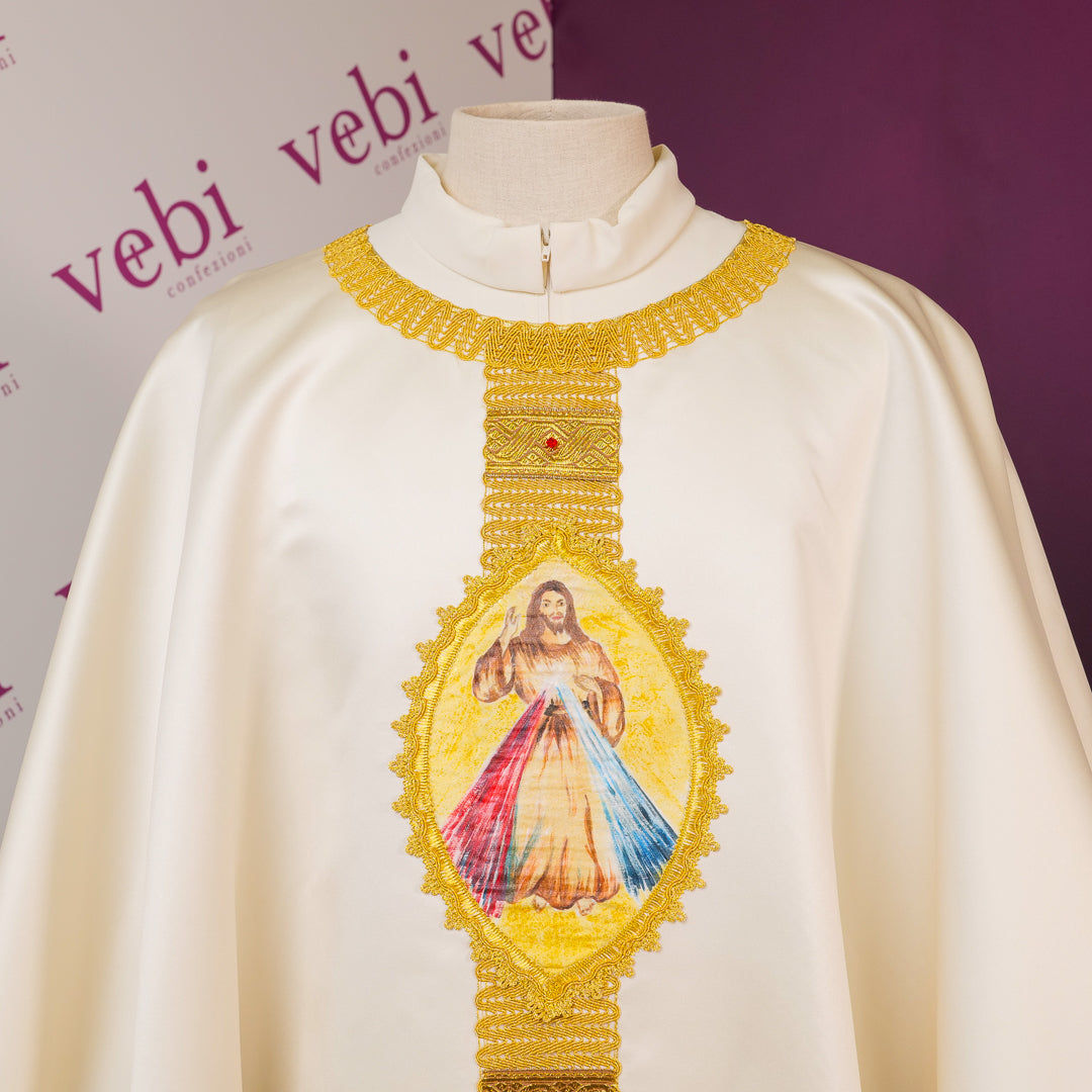Casula Raso Misto Seta con Gesù Misericordioso Dipinto a Mano (Colori Liturgici Disponibili)