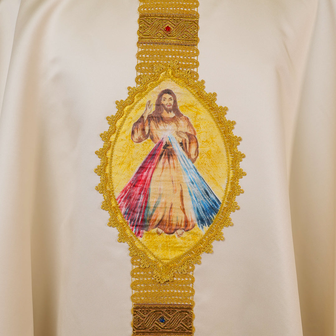 Casula Raso Misto Seta con Gesù Misericordioso Dipinto a Mano (Colori Liturgici Disponibili)