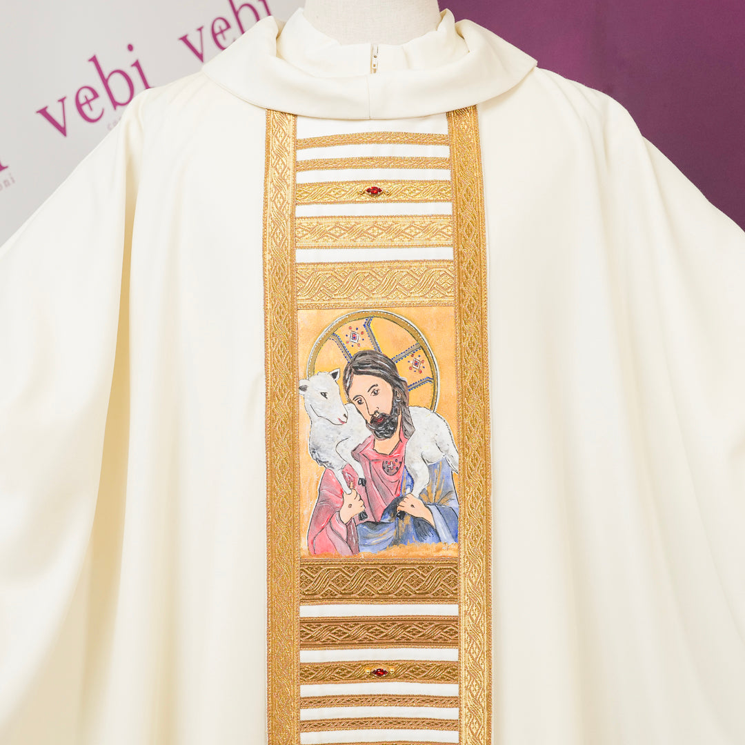 Casula Avorio Lana Dipinta a Mano Gesù Buon Pastore (Colori Liturgici Disponibili)