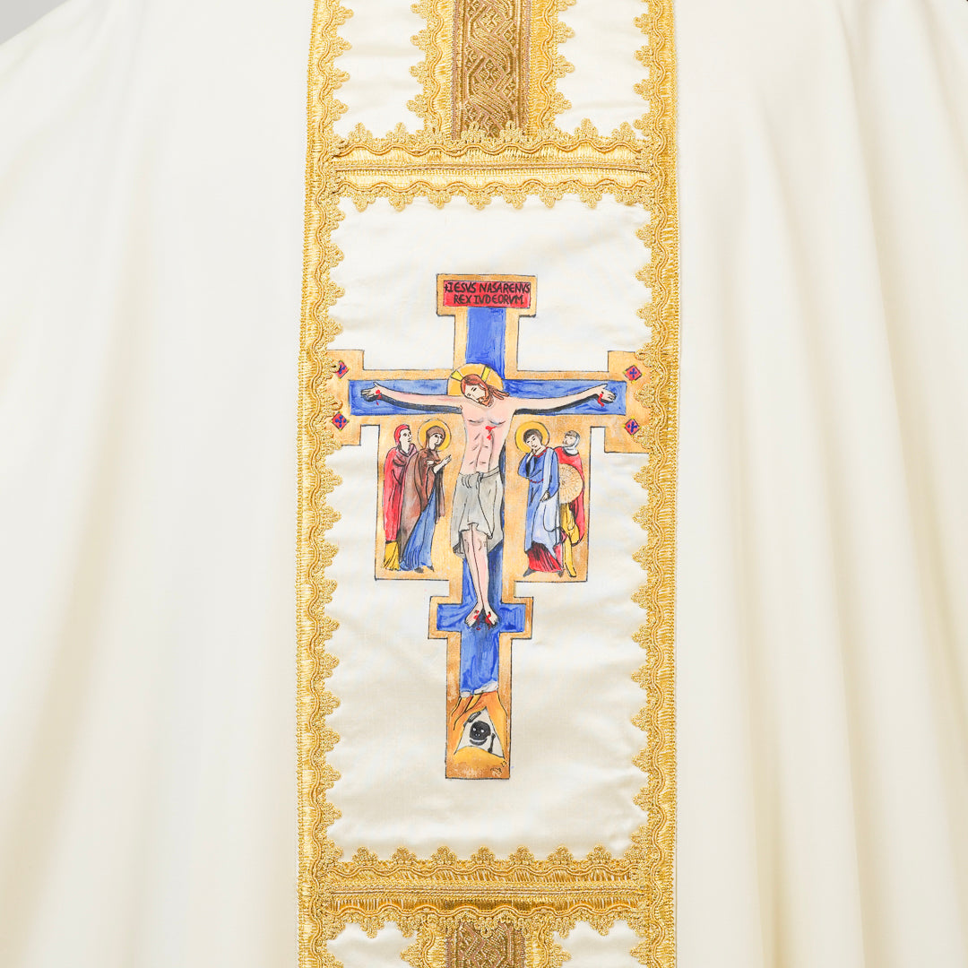 Casula Avorio Seta Dipinta a Mano Cristo in Croce (Colori Liturgici Disponibili)