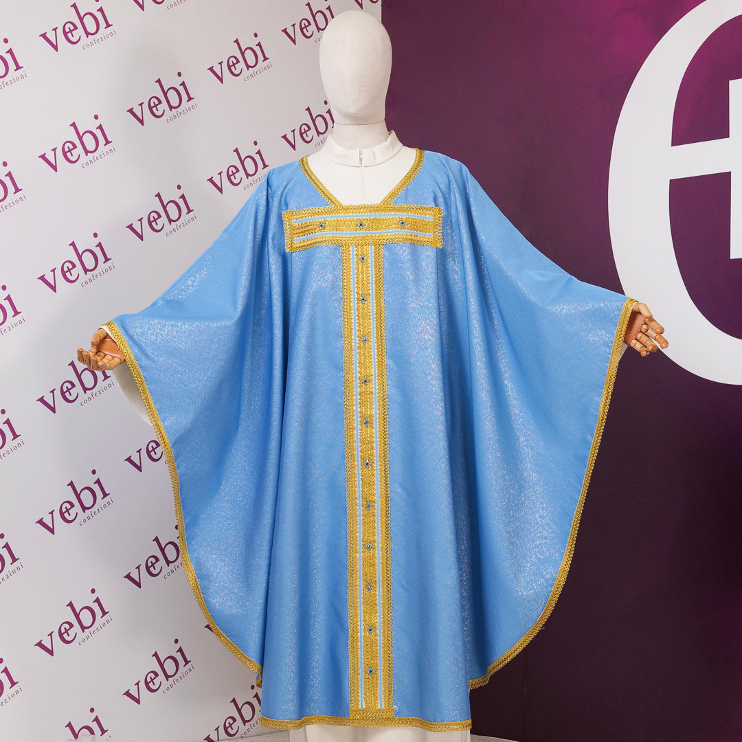 Casula Mariana Azzurra con Croce Tau Oro in Lana e Lurex