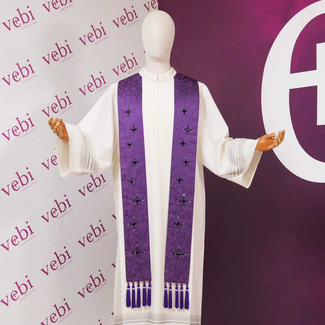 Stola per Sacerdote in Damasco Viola con Croci in Swarovski
