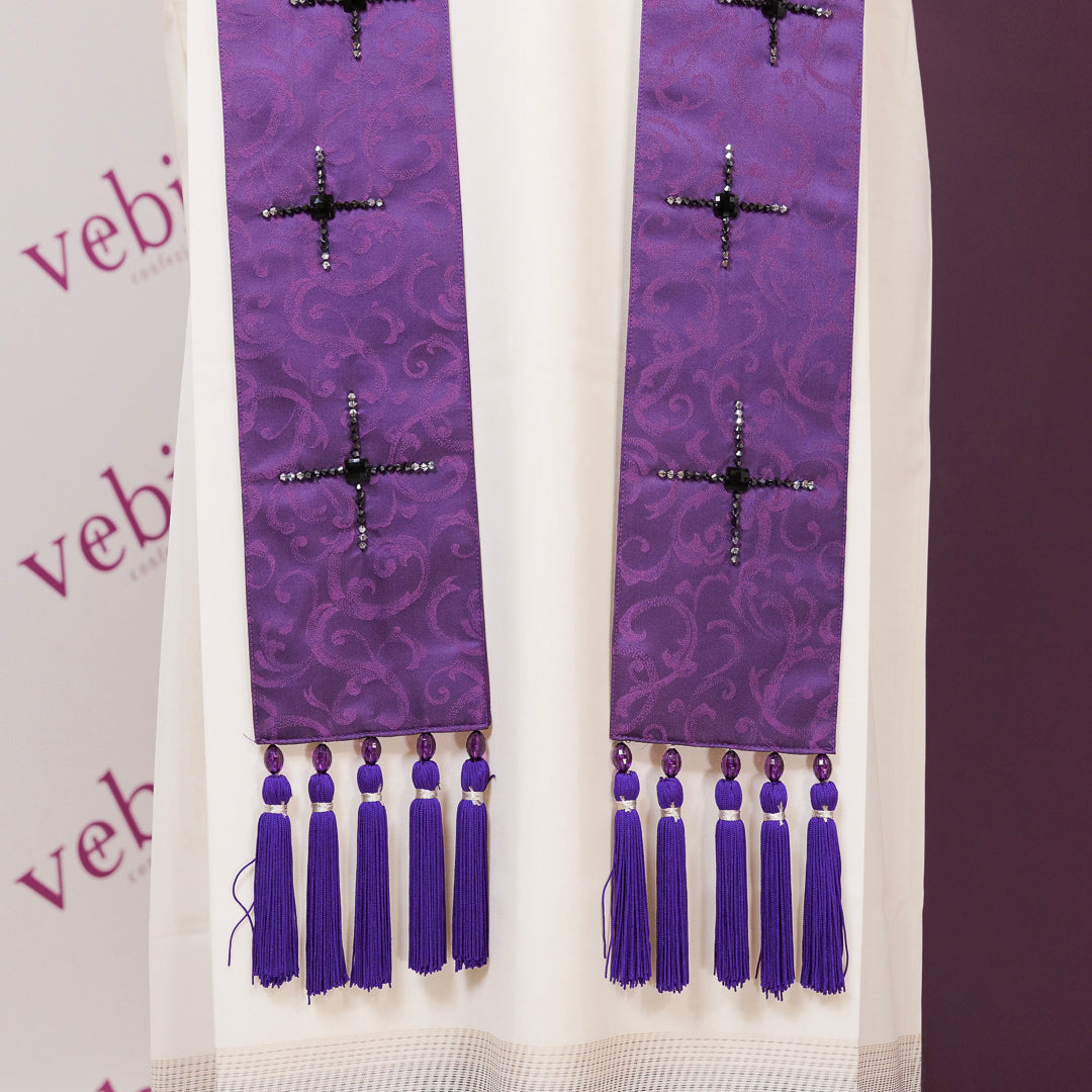 Stola per Sacerdote in Damasco Viola con Croci in Swarovski