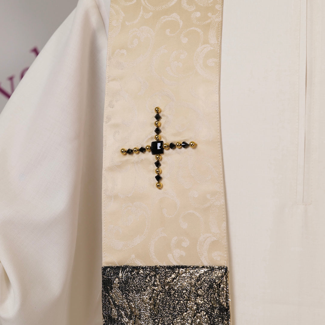 Stola per Sacerdote Bianca in Seta con Applicazione in Broccato