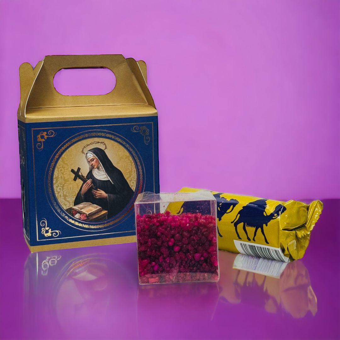 Bellissimo box incenso rosa Santa Rita con carboncini