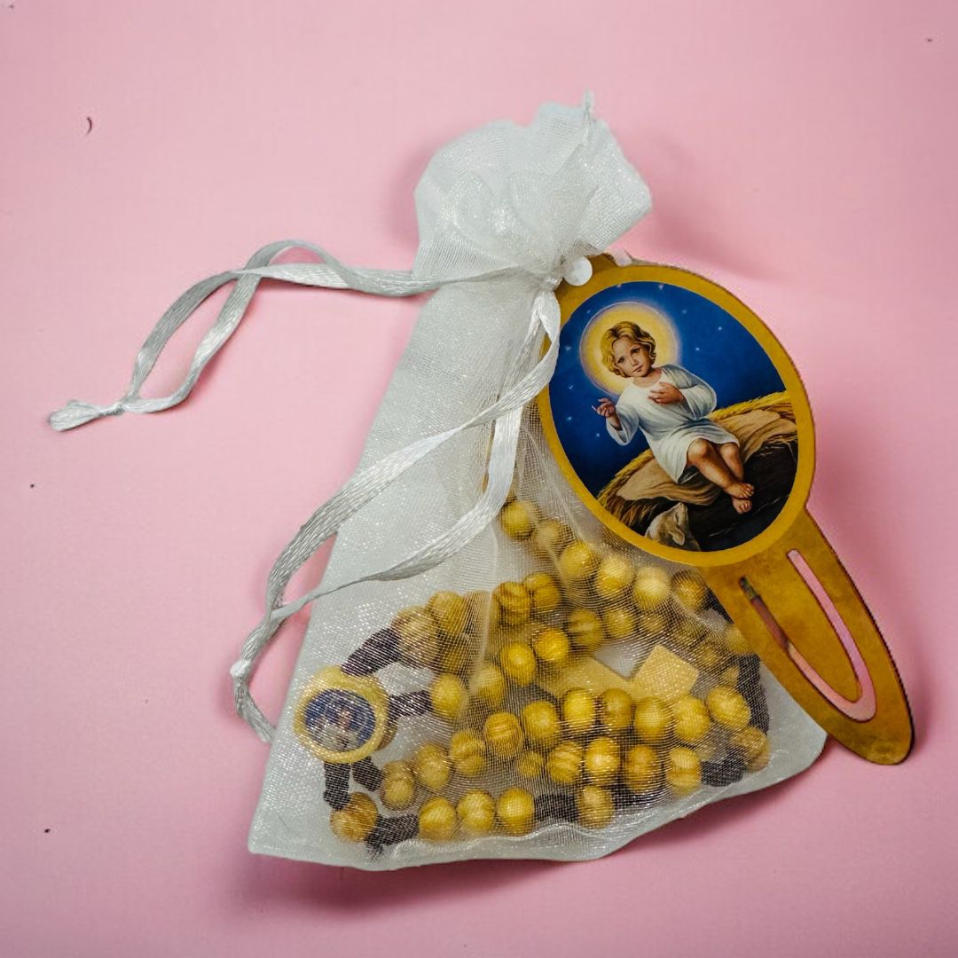 Sacchetto Organza con Coroncina in Legno Gesù Bambino e Segnalibro Plastificato