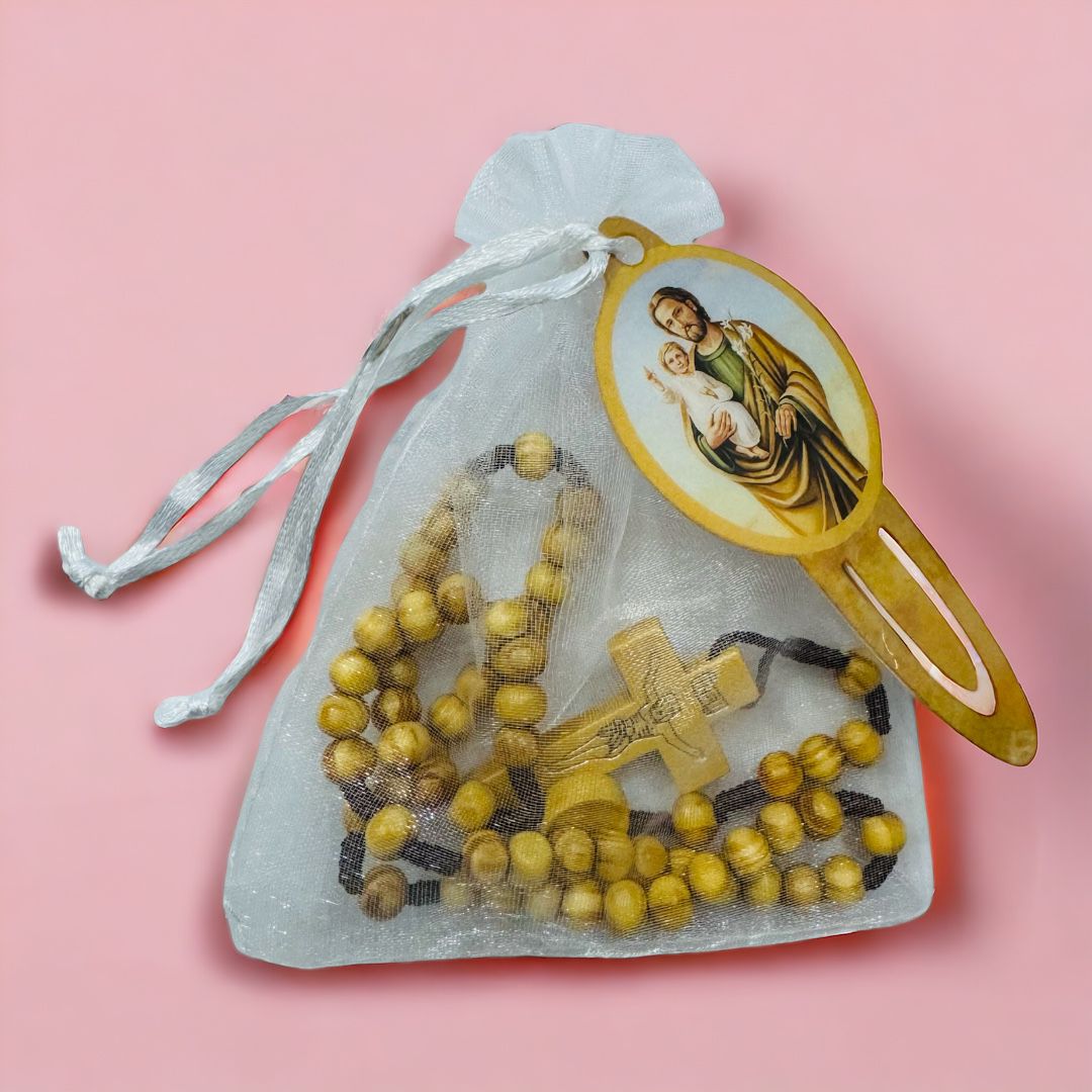 Sacchetto in Organza  con Coroncina in Legno San Giuseppe e Segnalibro Plastificato