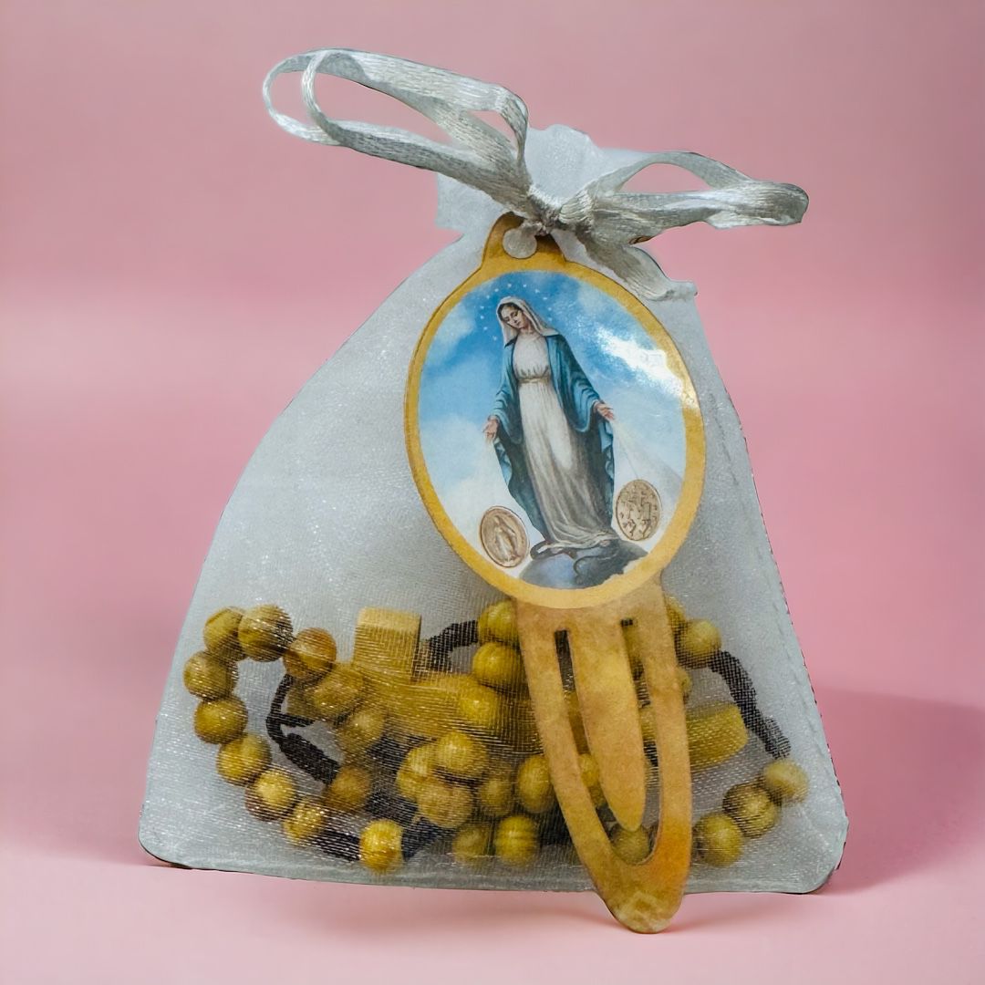 Sacchetto in Organza con Rosario Madonna Miracolosa e Segnalibro Plastificato