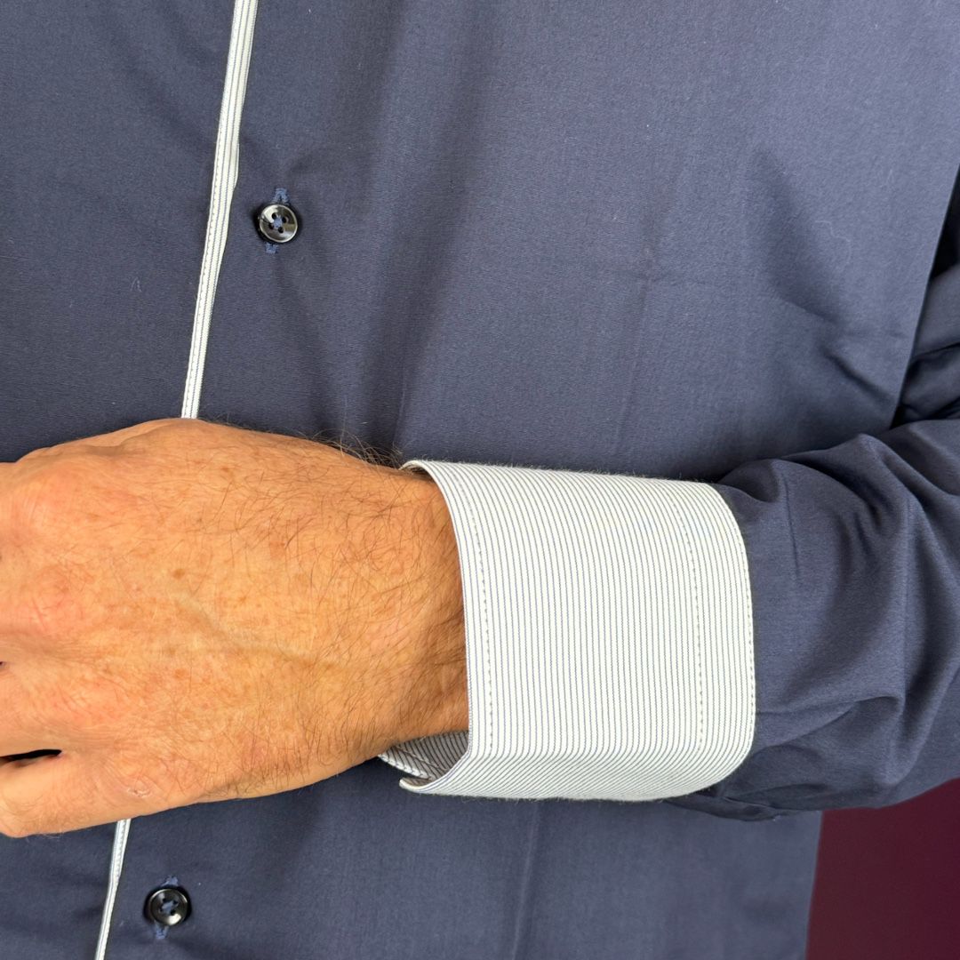 Camicia da Sacerdote Blu Manica Lunga Collo Clergy in Misto Cotone