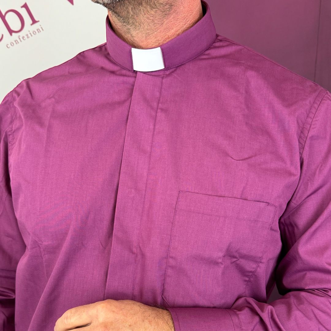 Camicia da Sacerdote Manica Lunga Collo Clergy Viola Misto Cotone