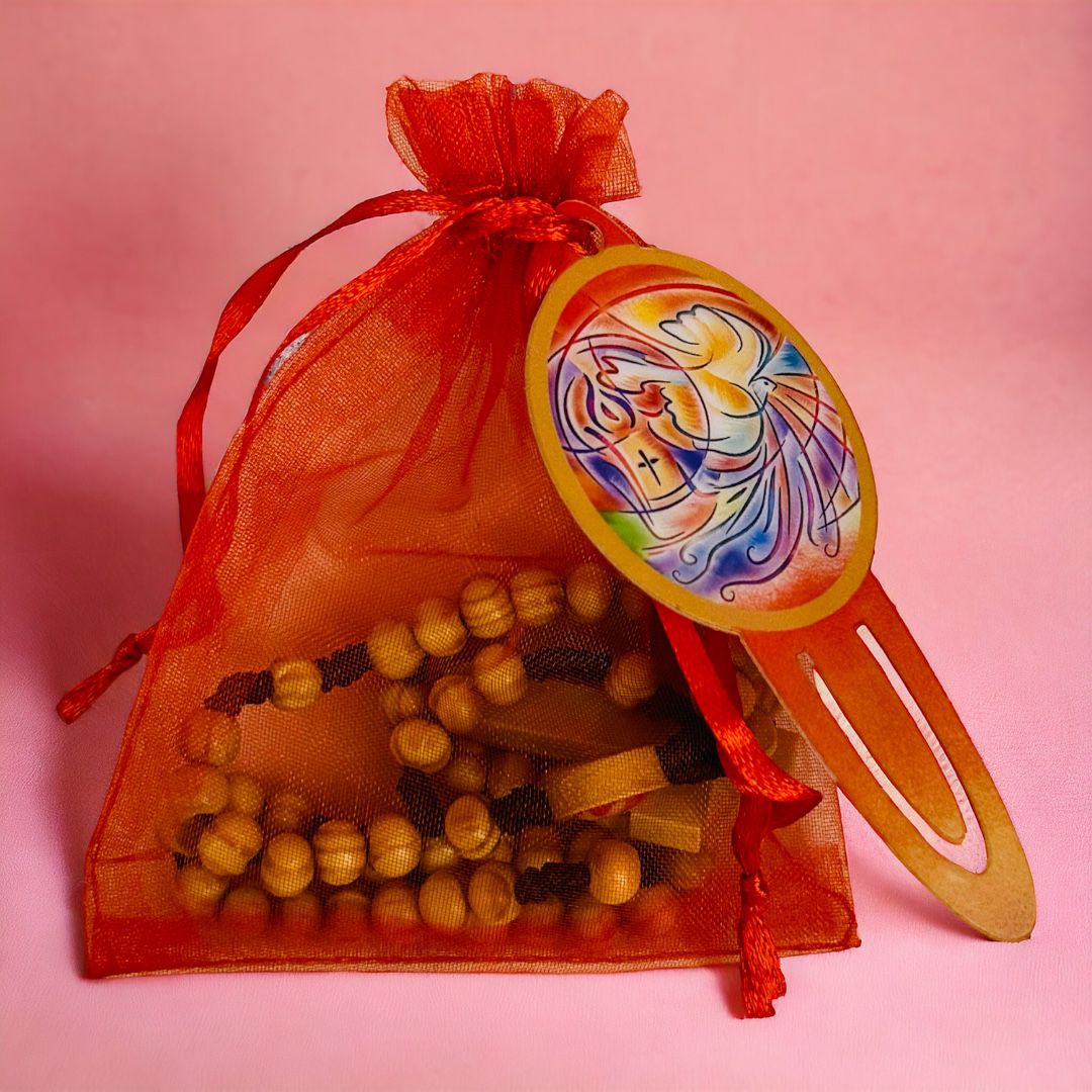 Sacchetto in Organza con Coroncina in Legno San Giuseppe e Segnalibro Plastificato