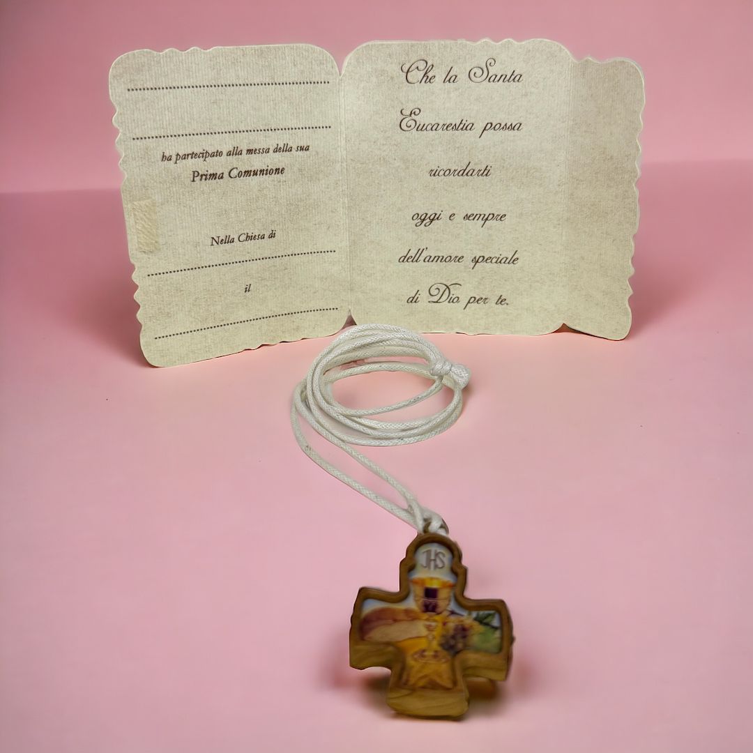 Collana in legno di Ulivo con Cartoncino Prima Comunione Personalizzabile