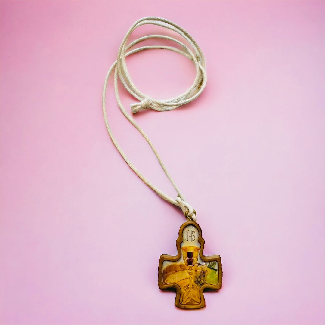 Collana in legno di Ulivo con Cartoncino Prima Comunione Personalizzabile