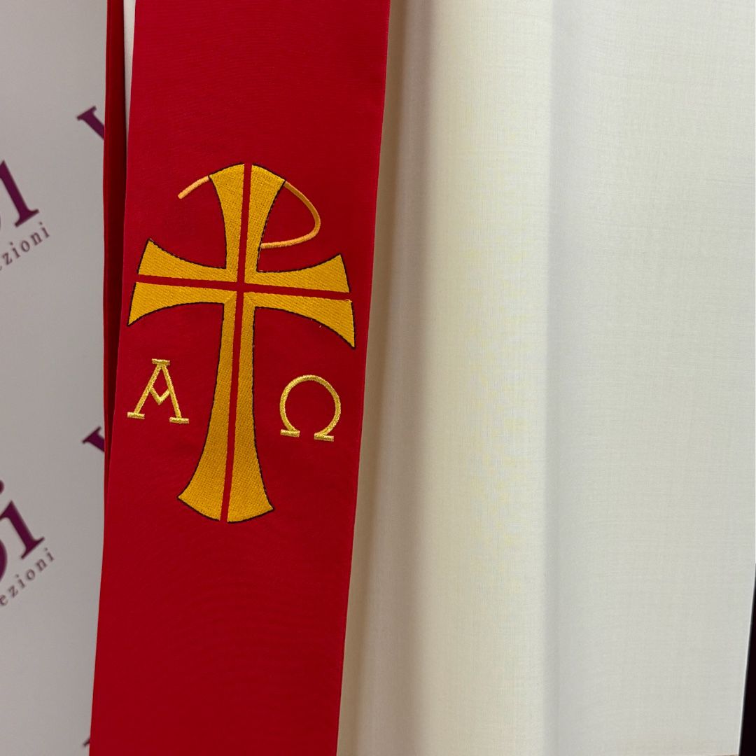 Stola Diaconale Ricamo Croci, Alfa e Omega (Disponibile 4 Colori Liturgici, Rosa)